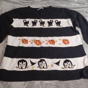 Vtg Bill & June Black  3XL Sweatshirt Halloween WitchHat Owl Pumpkin Cat